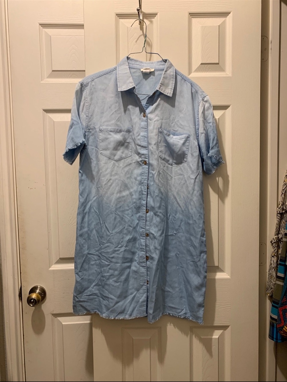 Light Wash Button-Down Denim Shirt Dress